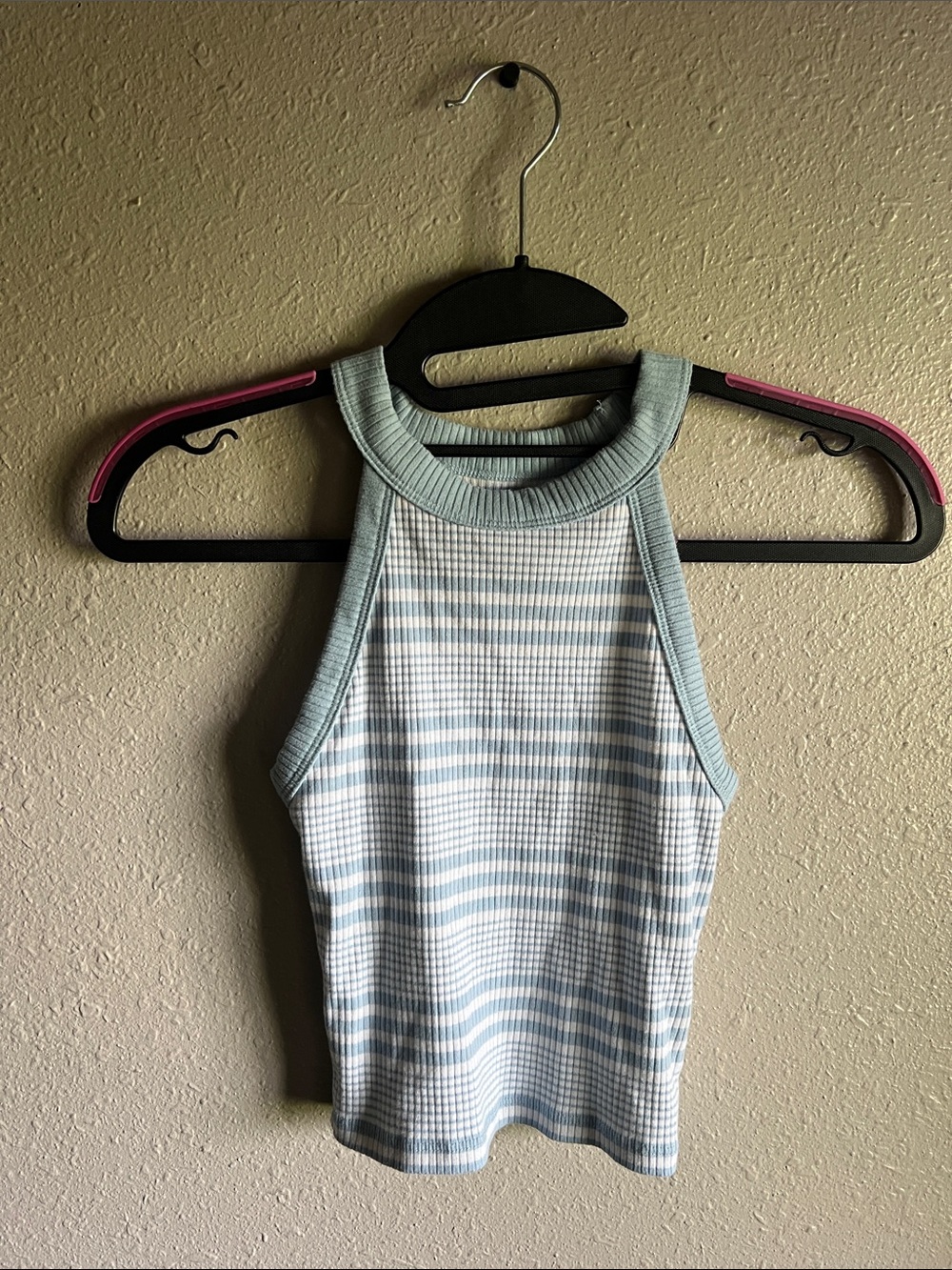 American Eagle Outfitters Light Blue & White Striped Ribbed Halter Tank